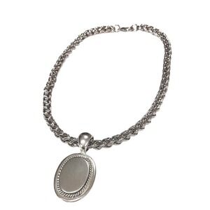 Vintage Silver Tone Necklace Oval Pendant Braided Chain Statement